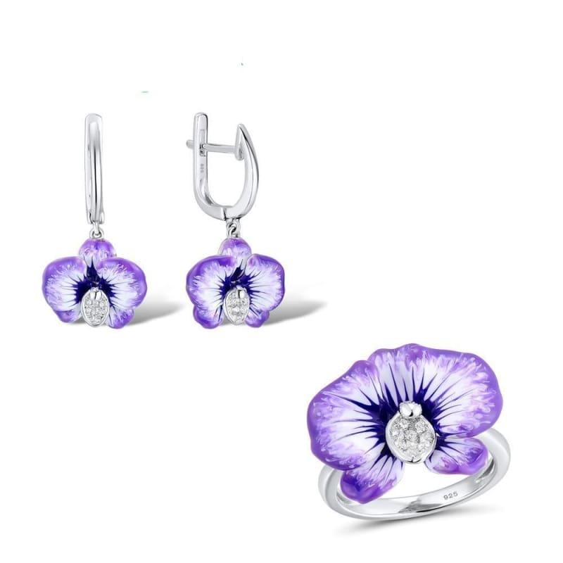 Chic Purple Flower Earrings Ring Set 925 Sterling Silver Fashion HANDMADE Enamel Jewelry Set - jewelry set