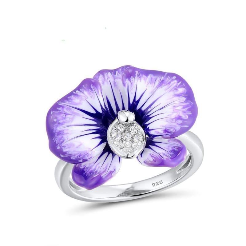 Chic Purple Flower Earrings Ring Set 925 Sterling Silver Fashion HANDMADE Enamel Jewelry Set - jewelry set