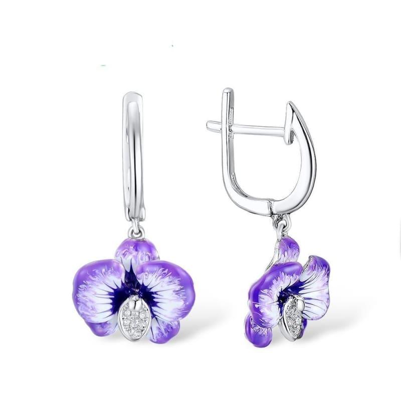 Chic Purple Flower Earrings Ring Set 925 Sterling Silver Fashion HANDMADE Enamel Jewelry Set - jewelry set