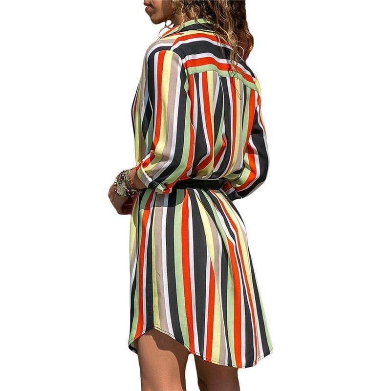 Chiffon Boho Beach Casual Striped Print A-line Shirt Mini Dress - Mini dress
