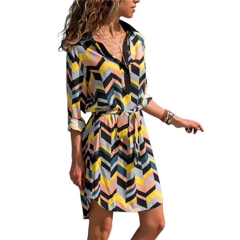 Chiffon Boho Beach Casual Striped Print A-line Shirt Mini Dress - TeresaCollections