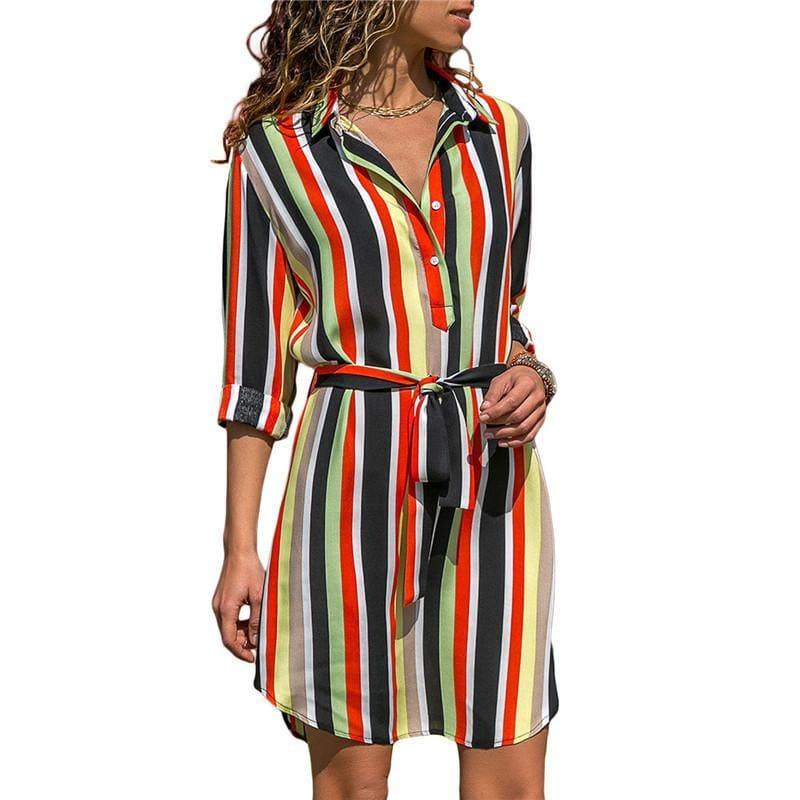 Chiffon Boho Beach Casual Striped Print A-line Shirt Mini Dress - TeresaCollections