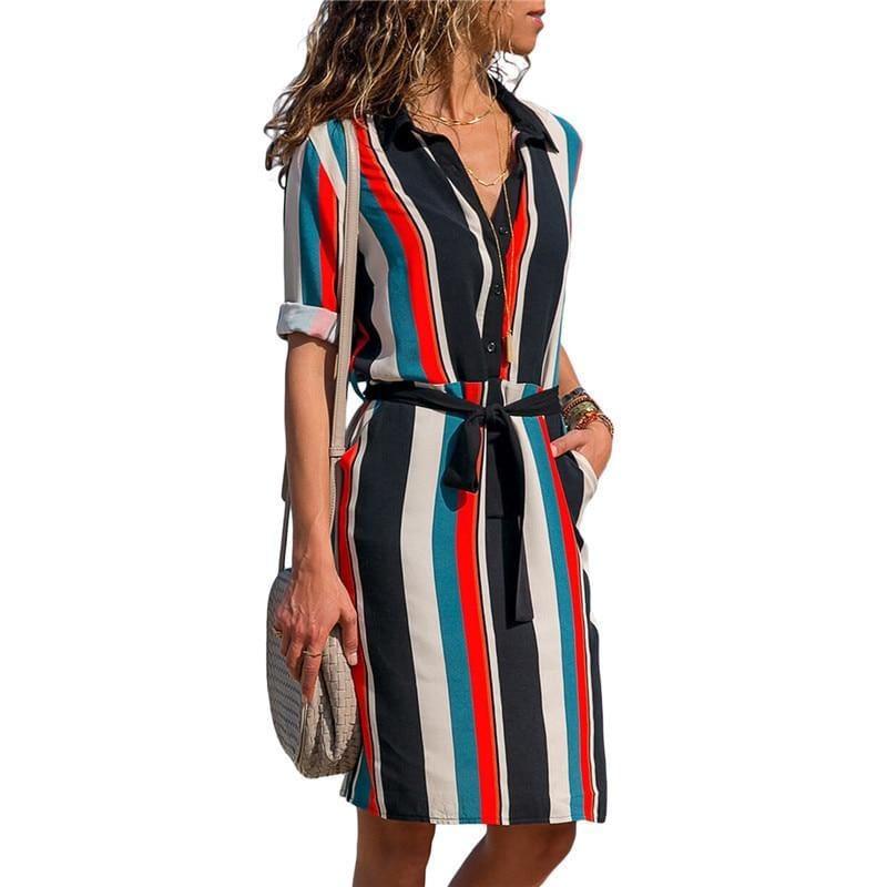 Chiffon Boho Beach Casual Striped Print A-line Shirt Mini Dress - TeresaCollections