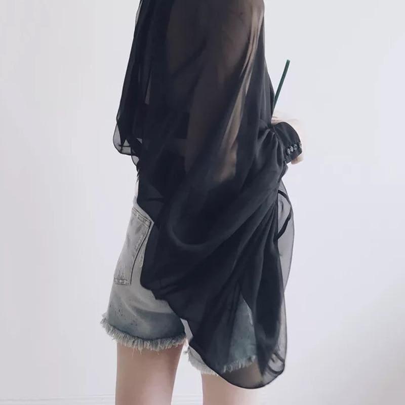 Chiffon Bowknot Blouse Shirt Women Lantern Tulle Transparent Sleeve Top - TeresaCollections