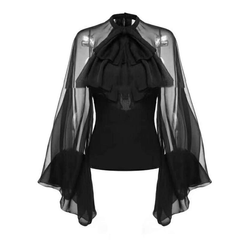 Chiffon Bowknot Blouse Shirt Women Lantern Tulle Transparent Sleeve Top - TeresaCollections