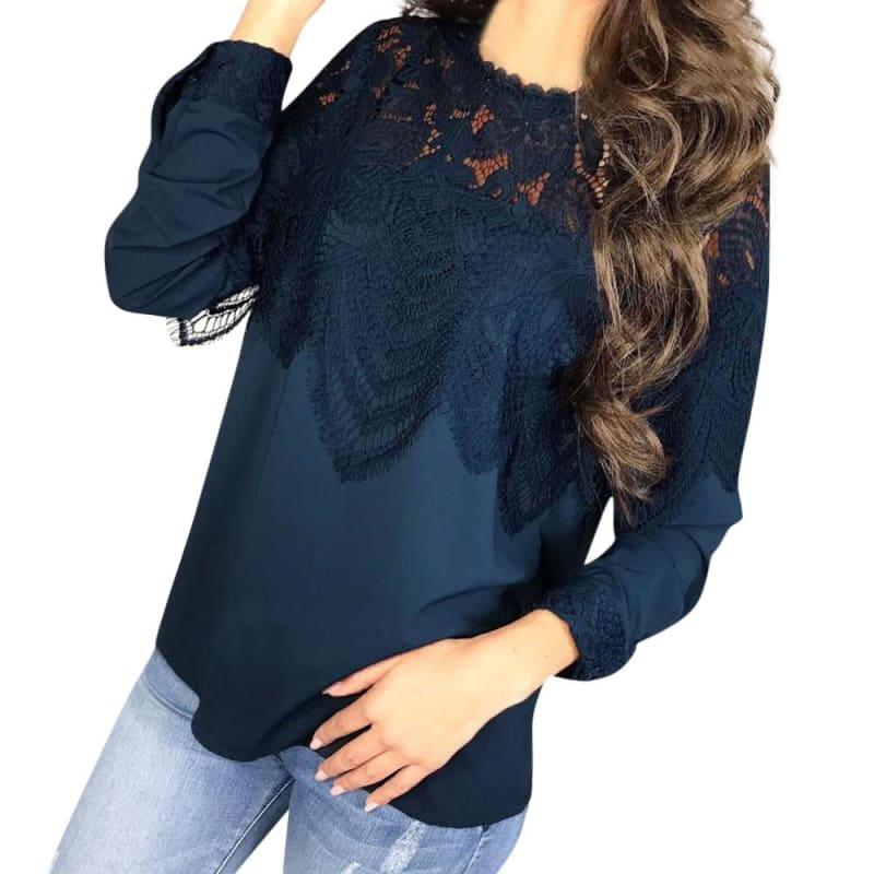 Chiffon Casual Lace Hollow Long Sleeve Tops - TeresaCollections
