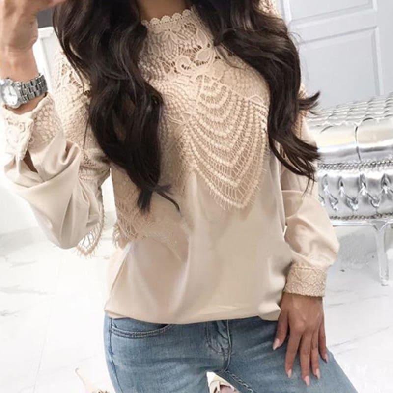 Chiffon Casual Lace Hollow Long Sleeve Tops - TeresaCollections