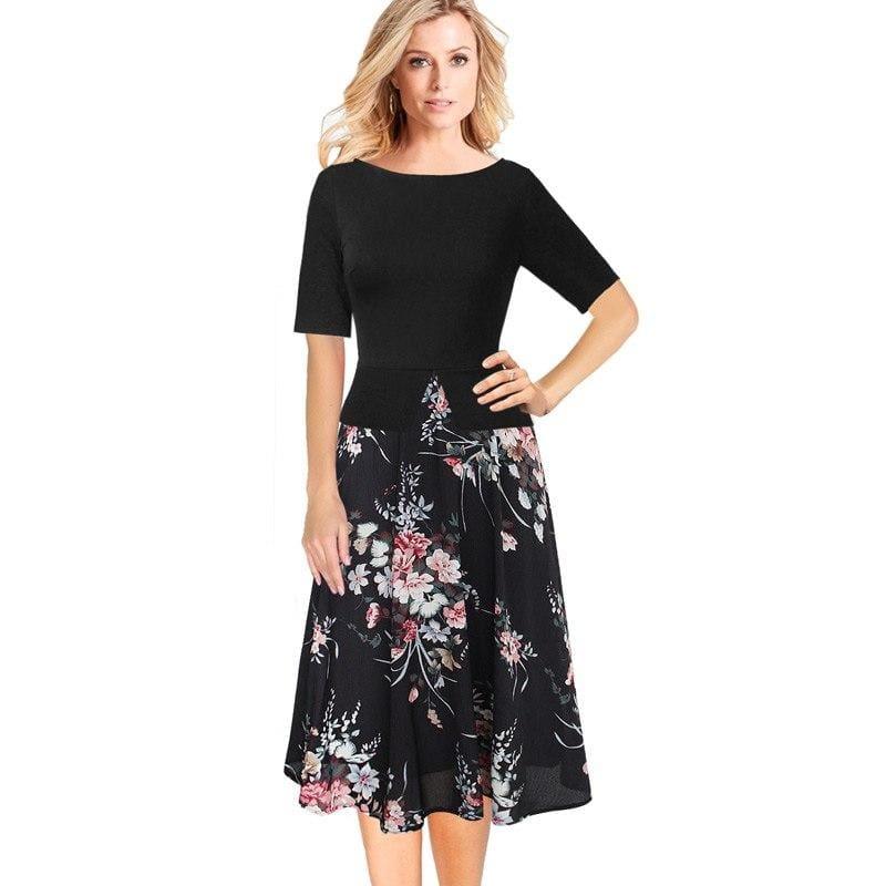Chiffon Floral Print Tunic Work Office Wear Fit and Flare A-Line Midi Dress - TeresaCollections