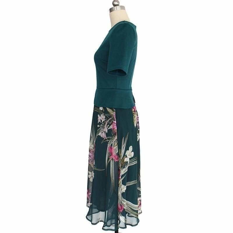 Chiffon Floral Print Tunic Work Office Wear Fit and Flare A-Line Midi Dress - Midi Dress