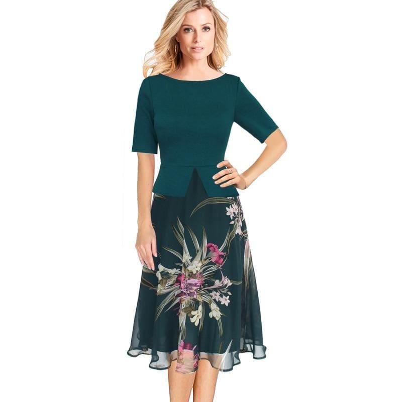 Chiffon Floral Print Tunic Work Office Wear Fit and Flare A-Line Midi Dress - TeresaCollections