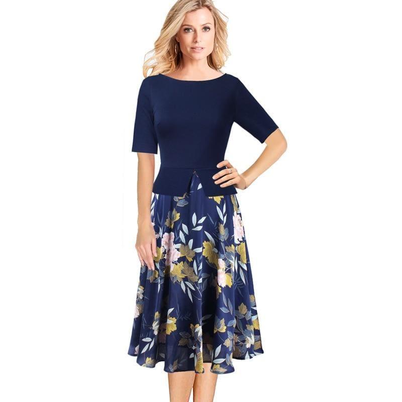 Chiffon Floral Print Tunic Work Office Wear Fit and Flare A-Line Midi Dress - TeresaCollections