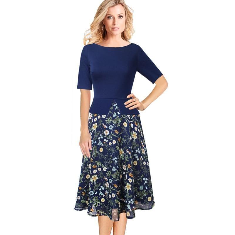 Chiffon Floral Print Tunic Work Office Wear Fit and Flare A-Line Midi Dress - TeresaCollections