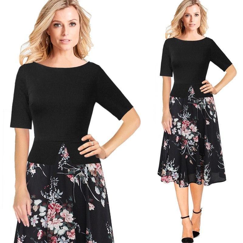 Chiffon Floral Print Tunic Work Office Wear Fit and Flare A-Line Midi Dress - TeresaCollections