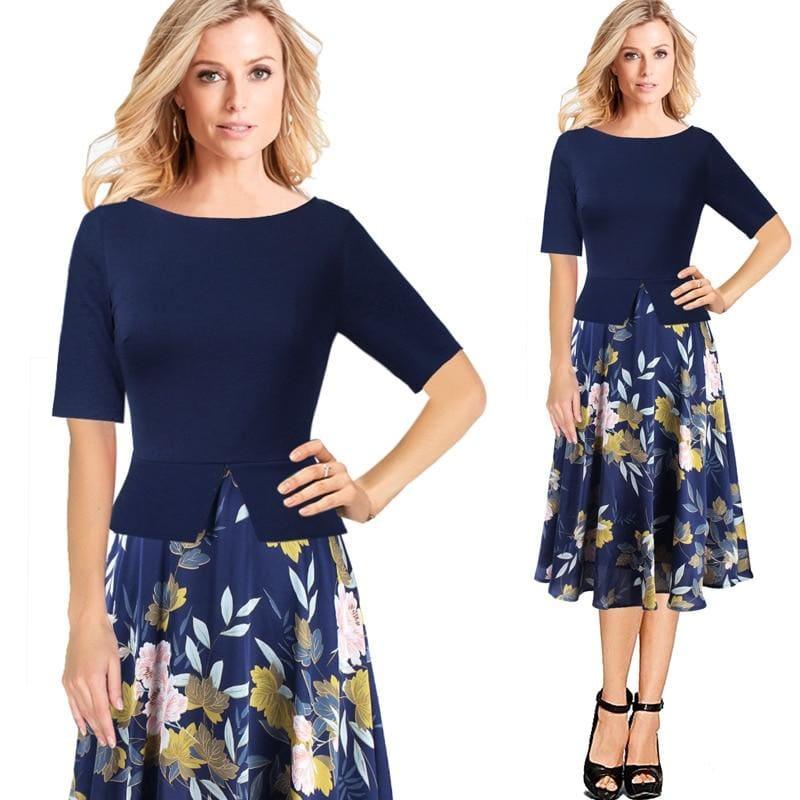 Chiffon Floral Print Tunic Work Office Wear Fit and Flare A-Line Midi Dress - TeresaCollections