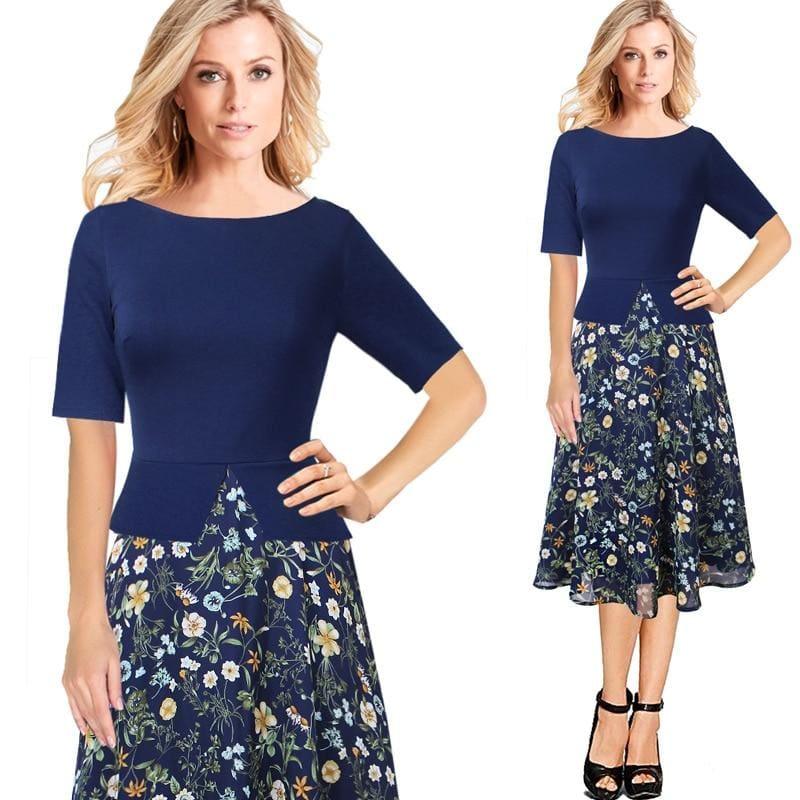 Chiffon Floral Print Tunic Work Office Wear Fit and Flare A-Line Midi Dress - TeresaCollections