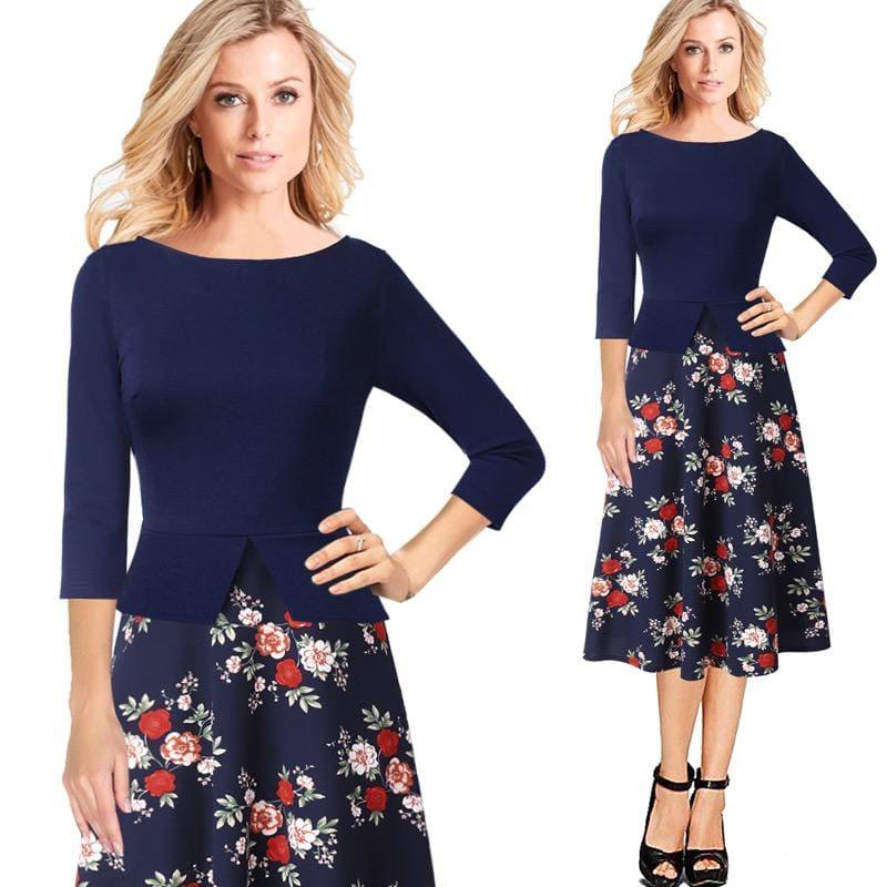 Chiffon Floral Print Tunic Work Office Wear Fit and Flare A-Line Midi Dress - TeresaCollections