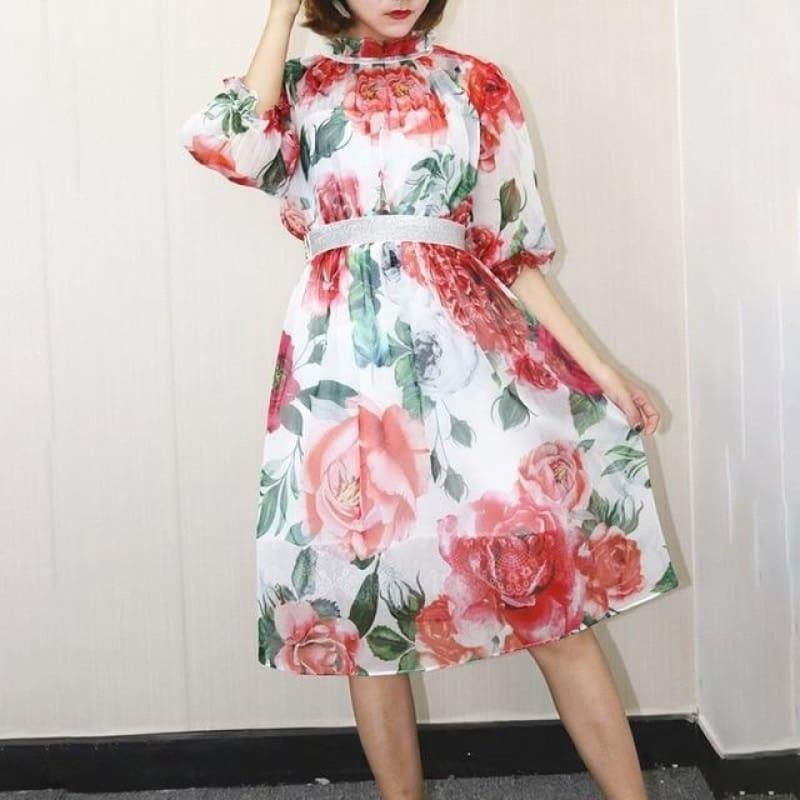 Chiffon Plus Size Short Sleeve High Waist Print Flowers Knee Length Dress - print / L - Knee Length