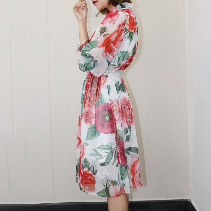 Chiffon Plus Size Short Sleeve High Waist Print Flowers Knee Length Dress - Knee Length