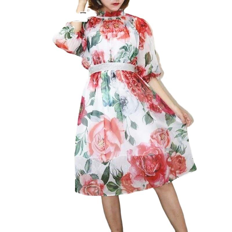 Chiffon Plus Size Short Sleeve High Waist Print Flowers Knee Length Dress - Knee Length