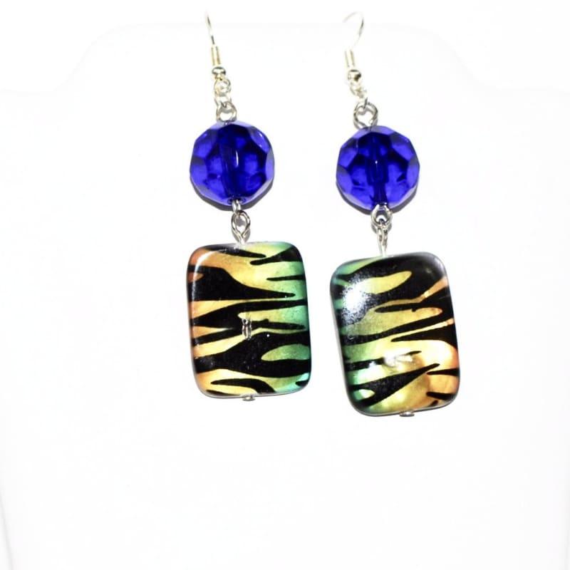 Chunky Blue Animal Print Dangle Earrings - Handmade