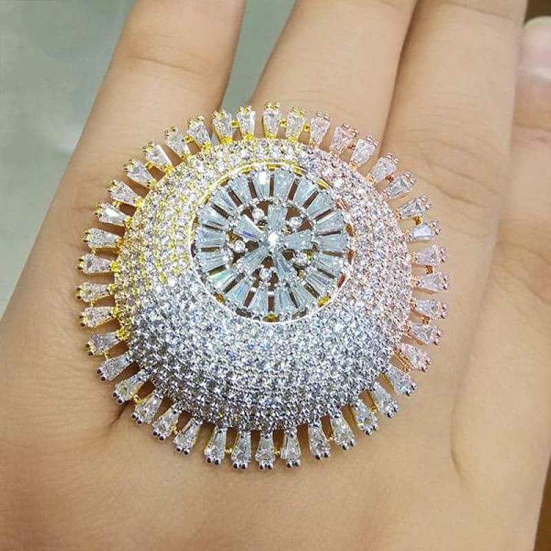 Chunky Three Tone Flower Cubic Zircon Dubai Ring - 7 / 3 Tone - Rings