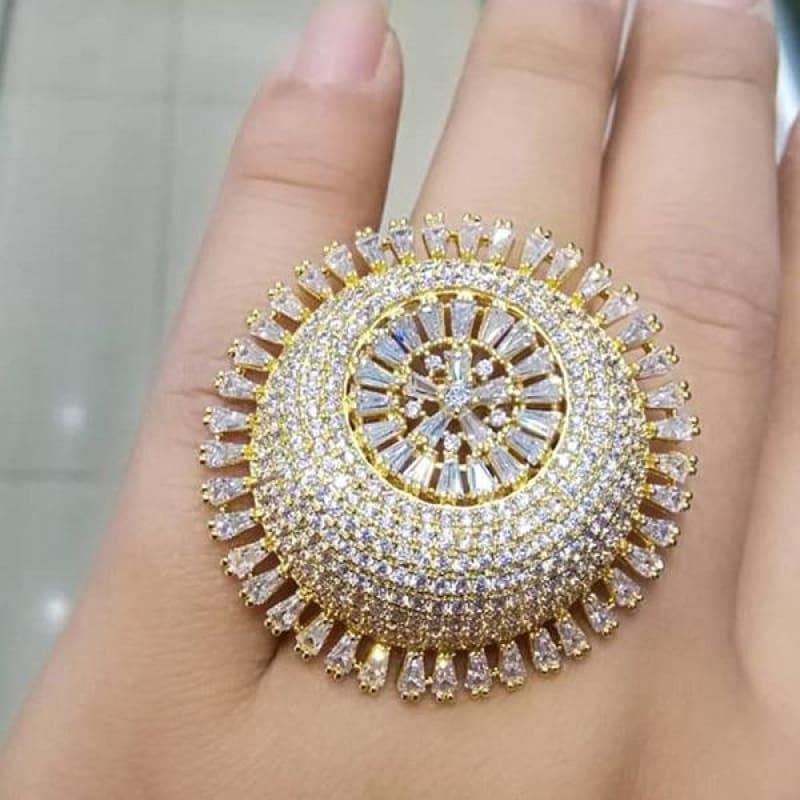 Chunky Three Tone Flower Cubic Zircon Dubai Ring - 7 / Gold - Rings