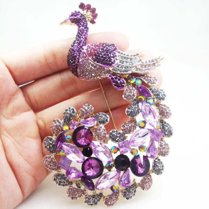 Classic Luxury Peacock Bird Gold Tone Brooch Pin Purple Rhinestone Crystal - brooch