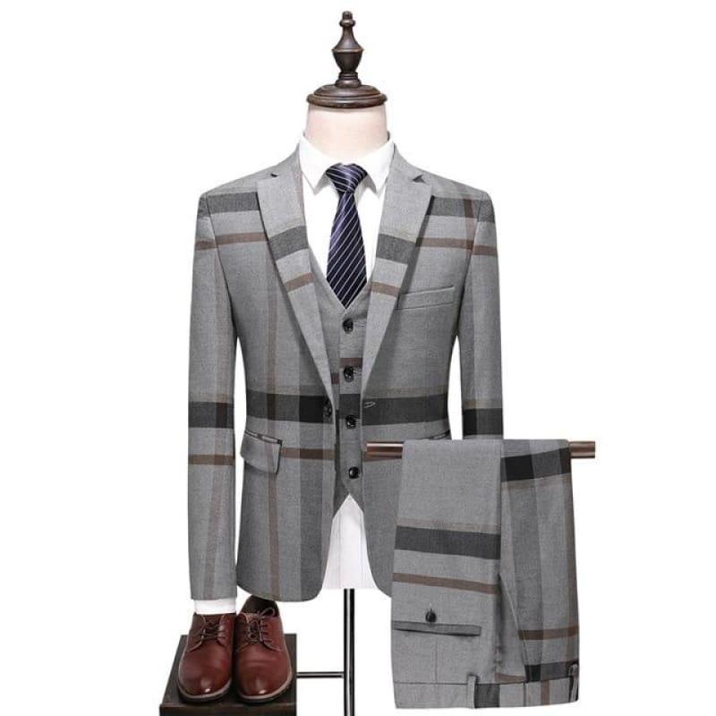 Classic Plaid Tuxedo Men Classic Mens Suits Formal Jacket Pants Vest Suits - Grey / XXXL - mens suits