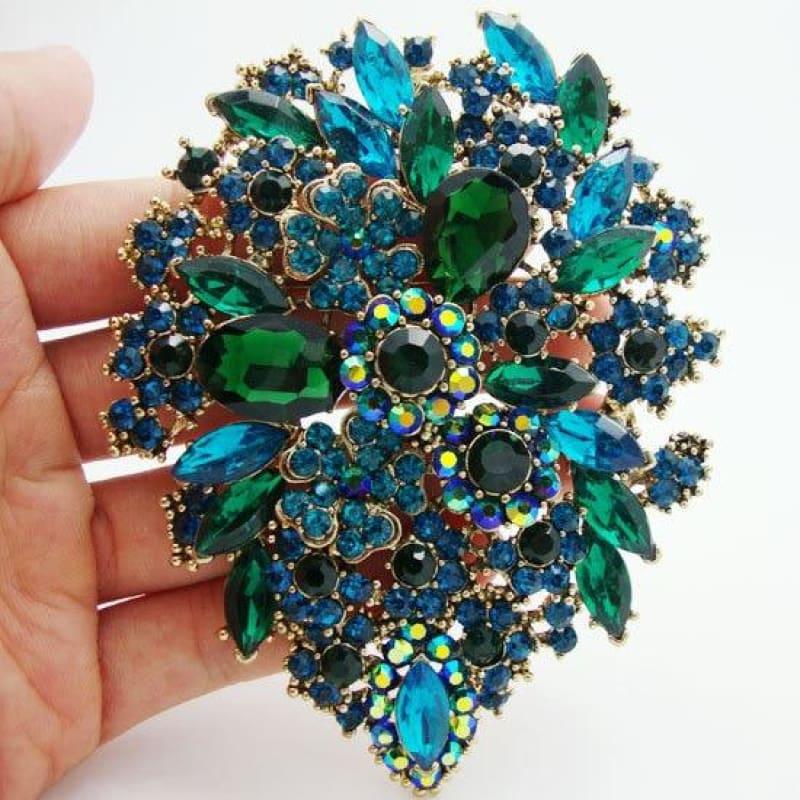 Classic Style Green Crystal Rhinestone Dual Droplets Flower Art Nouveau brooch pins Gold Tone pendants - Brooch