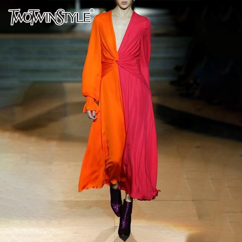 Colorblock Patchwork V Neck Lantern Sleeve High Waist Cross Ankle Maxi Dress - maxi dress