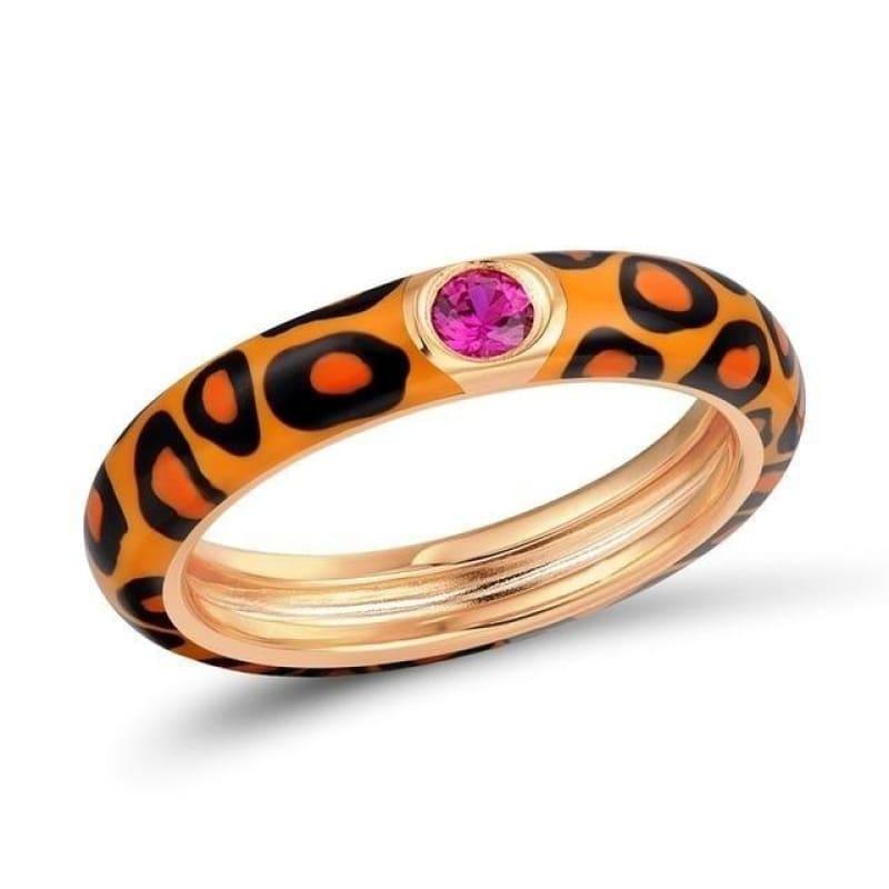 Colorful leopard print Pure 925 Sterling Silver Eternity Ring - 6 / Orange Color - Rings