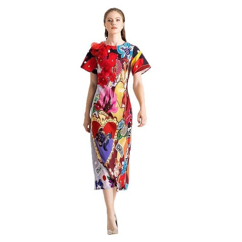 Colorful Spring & Summer O-Neck Leopard Appliques Floral Casual Elegant Midi Dress - Multi / S - Midi Dress