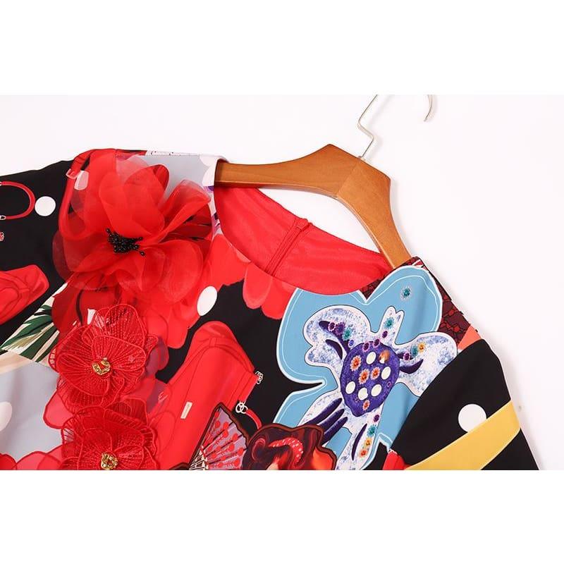 Colorful Spring & Summer O-Neck Leopard Appliques Floral Casual Elegant Midi Dress - Midi Dress