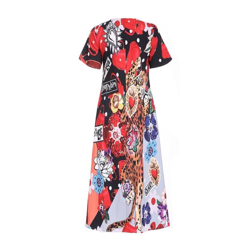 Colorful Spring & Summer O-Neck Leopard Appliques Floral Casual Elegant Midi Dress - Midi Dress