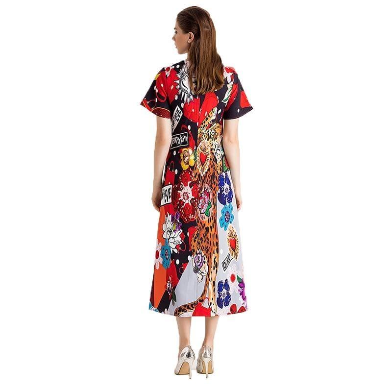 Colorful Spring & Summer O-Neck Leopard Appliques Floral Casual Elegant Midi Dress - Midi Dress