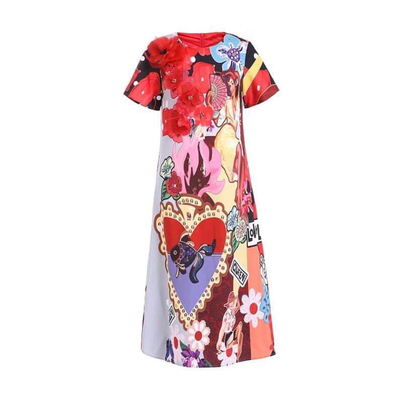 Colorful Spring & Summer O-Neck Leopard Appliques Floral Casual Elegant Midi Dress - Midi Dress