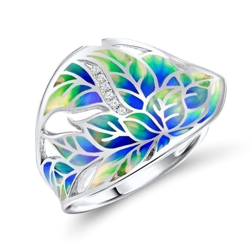 Colorful Transparency Enamel Leaf Ring White Cubic Zirconia Stone Ring - 6 - Rings