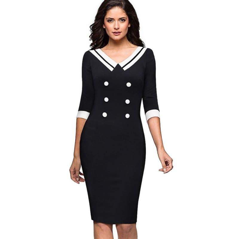 Contrast Vintage Striped Button Pinup Retro Sheath Sailor Midi Dress - TeresaCollections