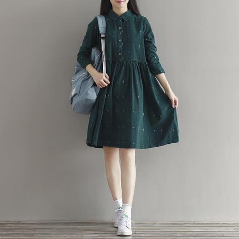 Corduroy Green Retro Loose Fit Vintage Print Long Sleeve Casual Midi Dress - TeresaCollections