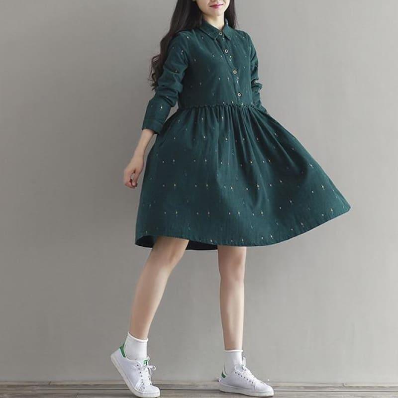 Corduroy Green Retro Loose Fit Vintage Print Long Sleeve Casual Midi Dress - TeresaCollections