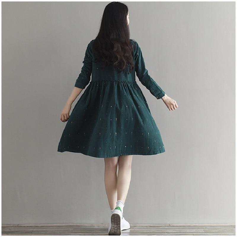Corduroy Green Retro Loose Fit Vintage Print Long Sleeve Casual Midi Dress - TeresaCollections
