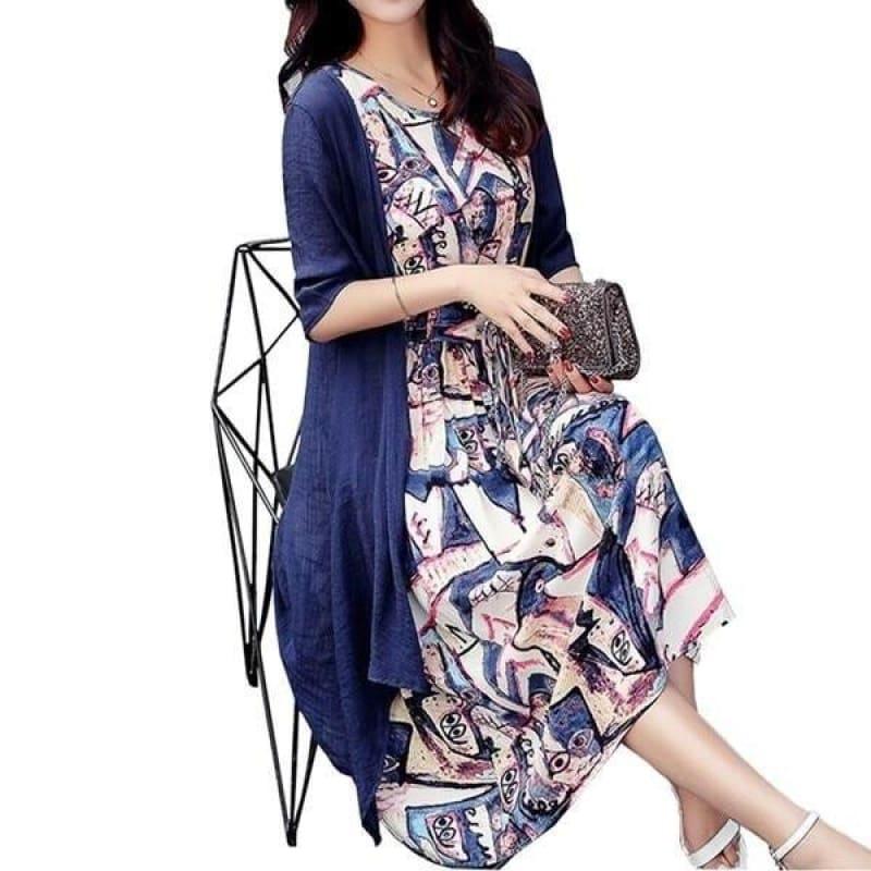 Cotton Line dress Print Round Neck Plus Size Summer Casual Loose Two Piece Set Midi Dress - Navy / M - Set