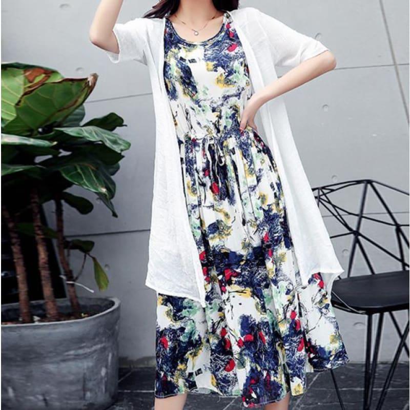 Cotton Line dress Print Round Neck Plus Size Summer Casual Loose Two Piece Set Midi Dress - White / M - Set