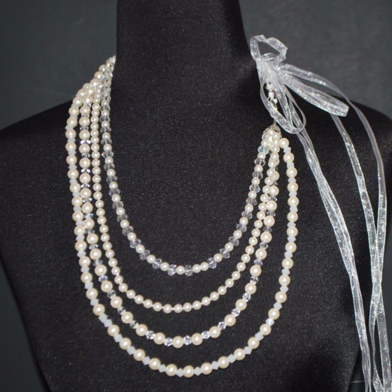 Cream Glass Pearls Crystal Elegant Multi Strands Necklace - Handmade