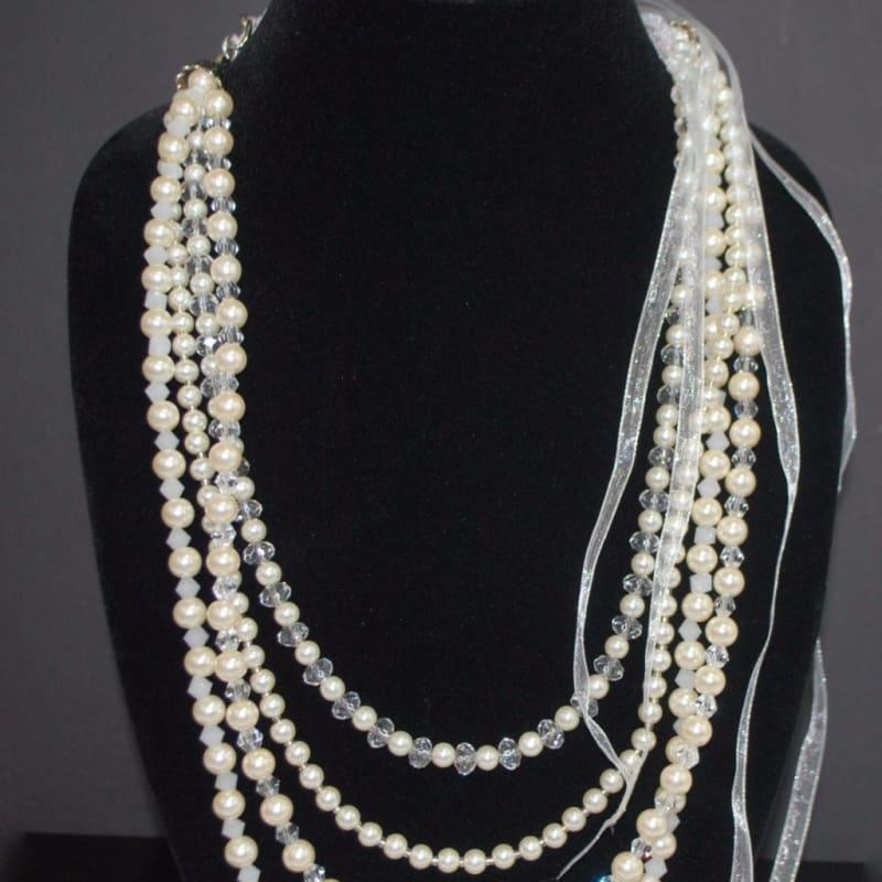 Cream Glass Pearls Crystal Elegant Multi Strands Necklace - TeresaCollections
