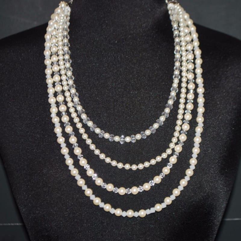 Cream Glass Pearls Crystal Elegant Multi Strands Necklace - TeresaCollections