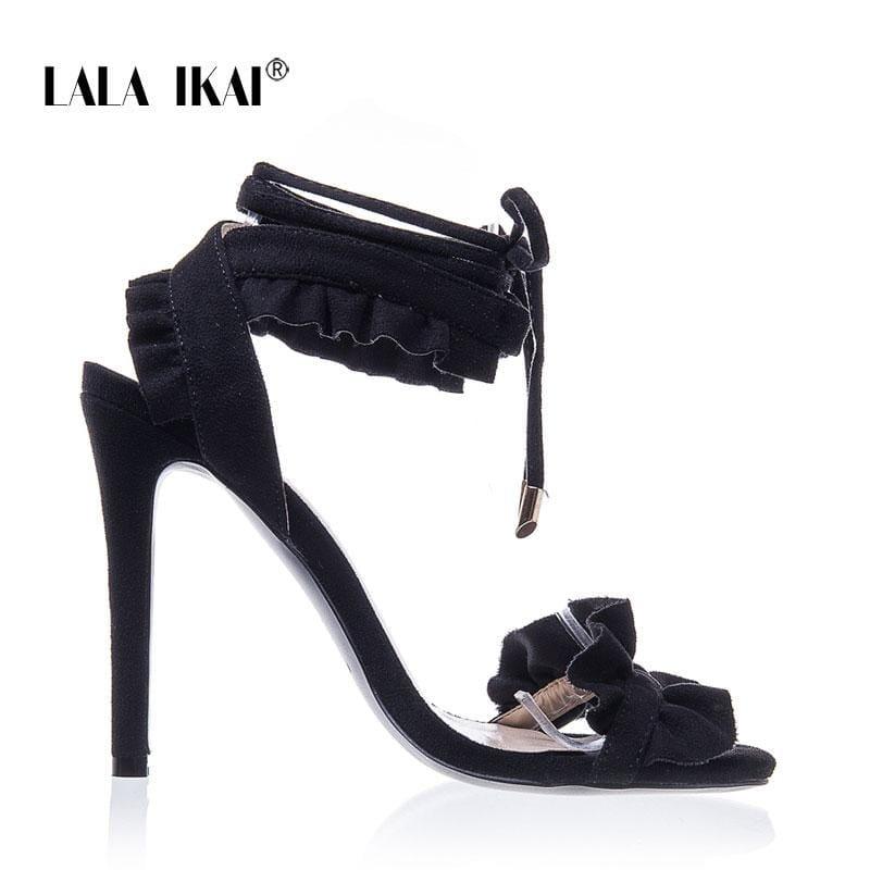 Cross Bandage High Heels Thin Heel Ruffle Lace-Up Sandals - Black / 6.5 - Sandals