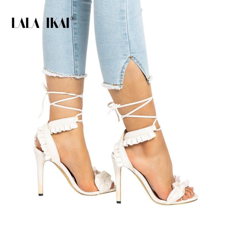 Cross Bandage High Heels Thin Heel Ruffle Lace-Up Sandals - Sandals