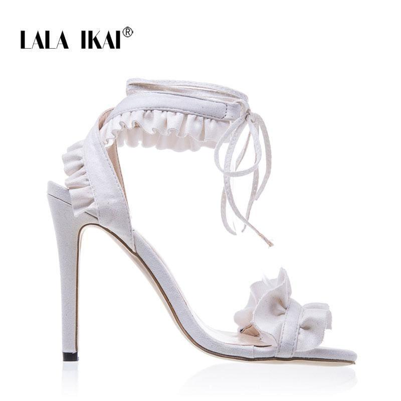 Cross Bandage High Heels Thin Heel Ruffle Lace-Up Sandals - White / 6.5 - Sandals