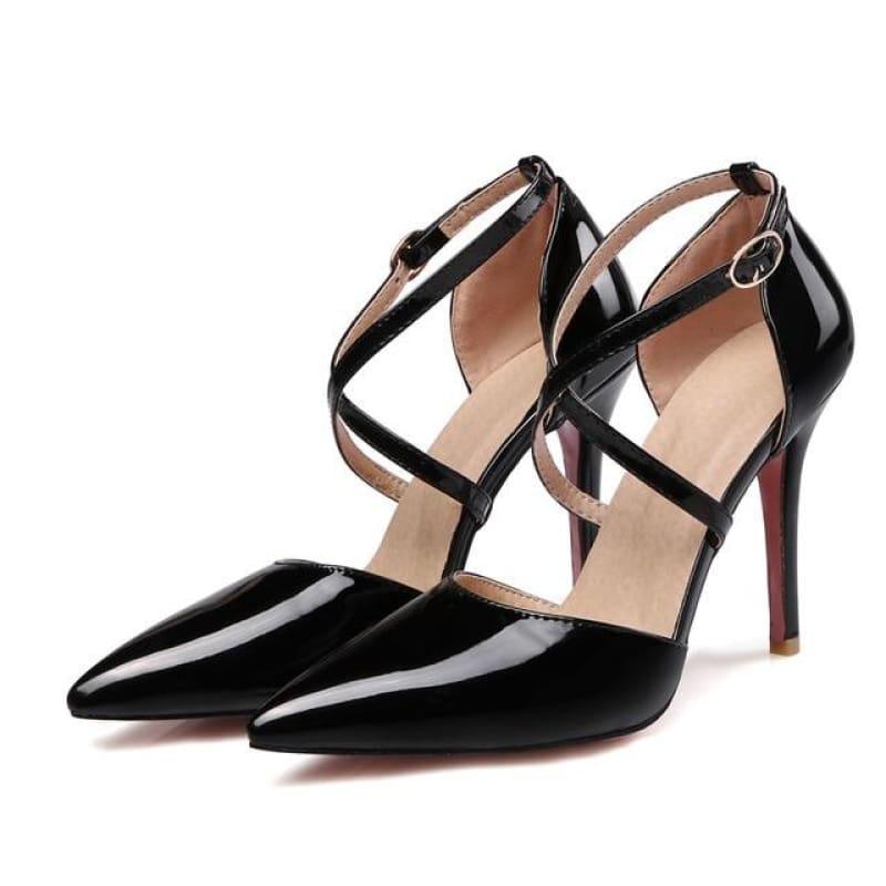 Crossed Strap Sexy High Heels Ladies Pointed Toe Patent Leather Pump - Black / 3 - Pumps